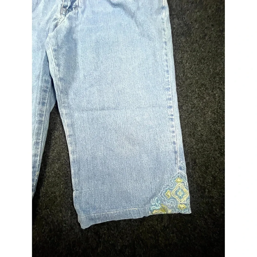 Y2K French Cuff Capri Jeans Women's 12 Blue Denim Embroidered Lace Trim Grunge